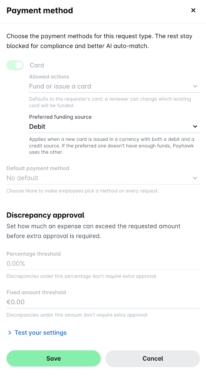 Payment method selection screen with options for card funding and discrepancy approval settings.